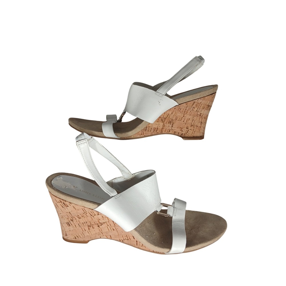 Anne Klein AKCYPRIS White‎ Leather Cork Wedge Slingback Sandals Women's 10M